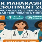 Illustration of three healthcare professionals with text announcing DMER Maharashtra Recruitment 2025 for 1107 Group C vacancies including pharmacists and lab technicians.
