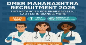 Illustration of three healthcare professionals with text announcing DMER Maharashtra Recruitment 2025 for 1107 Group C vacancies including pharmacists and lab technicians.