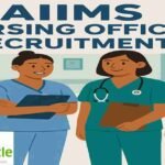 Illustration of four smiling nurses in scrubs, holding clipboards, with the words "AIIMS Nursing Officer Recruitment" in bold letters at the top. The background includes hospital corridor elements, and a "Pharma Spectacle" logo is at the bottom left.