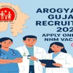 A health recruitment poster for Arogyasathi Gujarat Recruitment 2025 under the National Health Mission, inviting online applications for NHM vacancies, with illustrations of healthcare professionals and Gujarat's map in the background.