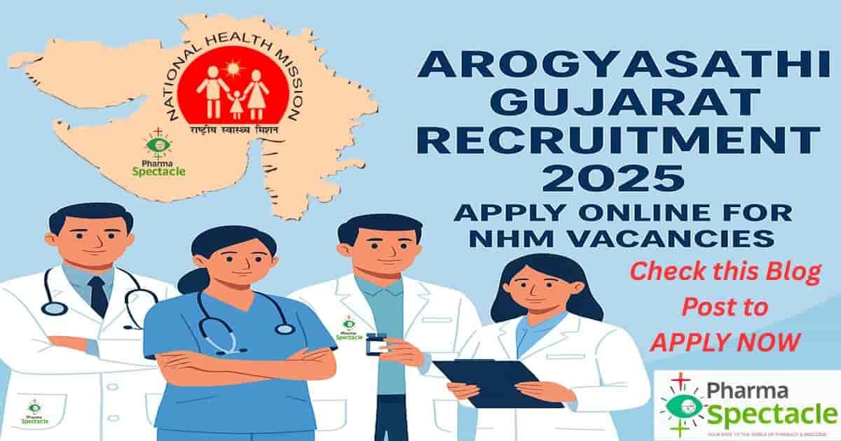 A health recruitment poster for Arogyasathi Gujarat Recruitment 2025 under the National Health Mission, inviting online applications for NHM vacancies, with illustrations of healthcare professionals and Gujarat's map in the background.