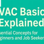Illustration showing the text "HVAC Basics Explained – Essential Concepts for Beginners and Job Seekers (PART-03)" with the Pharma Spectacle logo and an icon of a house with heating and cooling symbols and a image of a person in a cleanroom holding HEPA filter in hand.