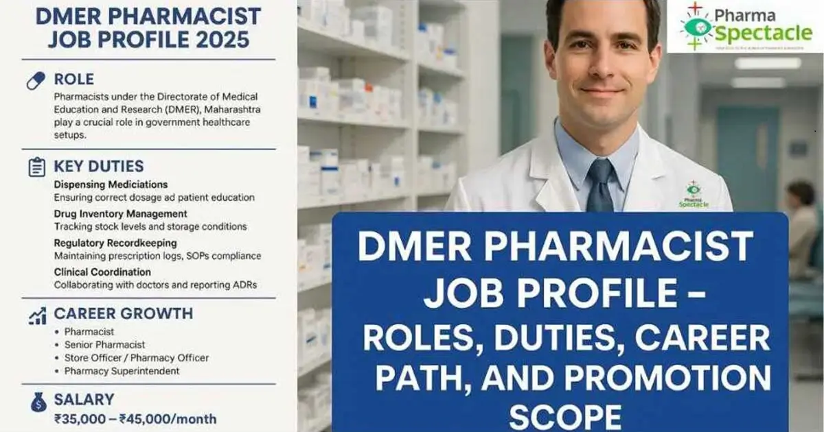 Infographic titled "DMER Pharmacist Job Profile 2025" showing pharmacist duties, career growth options, and salary under DMER Maharashtra.