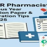 DMER Pharmacist: Previous Year Question Paper and Preparation Tips for 2025, with illustrated pharmacy icons including an open book labeled "Question Paper," a clipboard, medicines, and the Pharma Spectacle logo.