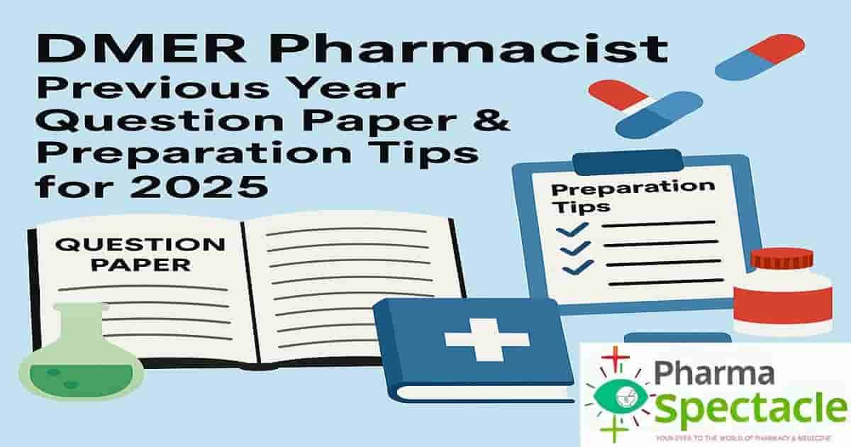 DMER Pharmacist: Previous Year Question Paper and Preparation Tips for 2025, with illustrated pharmacy icons including an open book labeled "Question Paper," a clipboard, medicines, and the Pharma Spectacle logo.