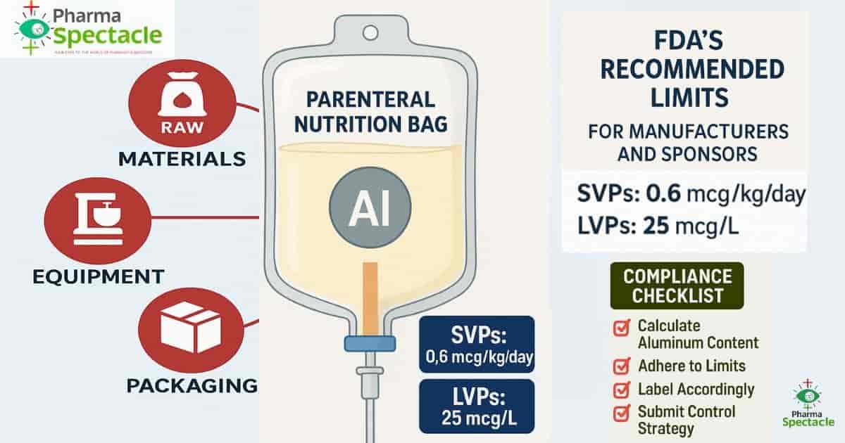 Infographic showing FDA’s aluminum limits for Parenteral Nutrition Bags, highlighting sources like raw materials, equipment, and packaging. Includes compliance checklist and SVP/LVP aluminum limits.
