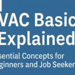 Illustration showing the text "HVAC Basics Explained – Essential Concepts for Beginners and Job Seekers (PART-1)" with the Pharma Spectacle logo and an icon of a house with heating and cooling symbols.