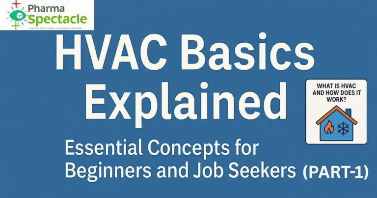Illustration showing the text "HVAC Basics Explained – Essential Concepts for Beginners and Job Seekers (PART-1)" with the Pharma Spectacle logo and an icon of a house with heating and cooling symbols.