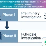 Flowchart showing two phases in handling OOS results in pharmaceutical manufacturing based on FDA 2022 guidance: Phase I – Preliminary investigation, Phase II – Full-scale investigation. Includes visual icons of a microscope and test tubes.