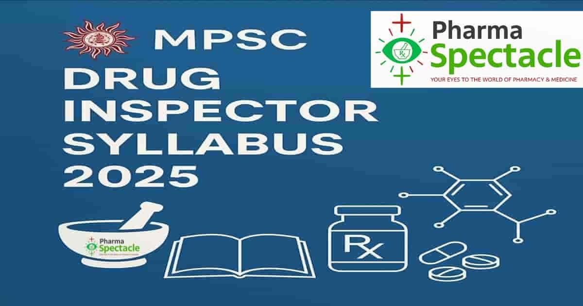 MPSC Drug Inspector Syllabus 2025 cover image with PharmaSpectacle branding, featuring pharmacy-related icons like mortar and pestle, book, Rx bottle, molecular structure, and tablets.