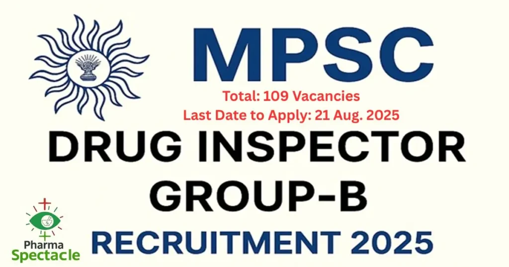 MPSC Drug Inspector Vacancies 2025. notification banner showing total 109 vacancies and last date to apply as 21st August 2025. Group-B Recruitment.