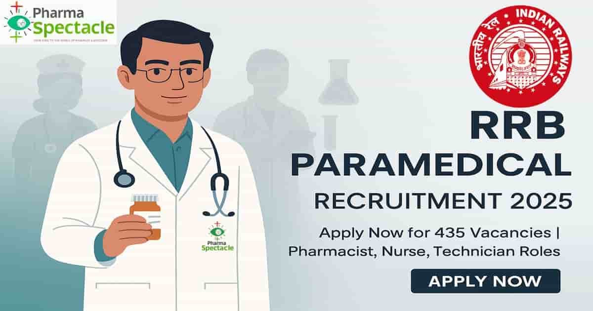 Illustration of a male healthcare professional holding a medicine bottle, promoting RRB Paramedical Recruitment 2025 with 434 vacancies for Pharmacist, Nurse, and Technician roles under Central Employment Notice No. CEN - 03/2025.