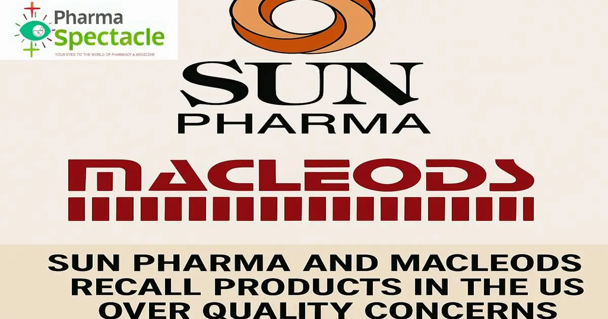 Sun Pharma and Macleods logos with headline stating their product recalls in the US due to quality concerns.
