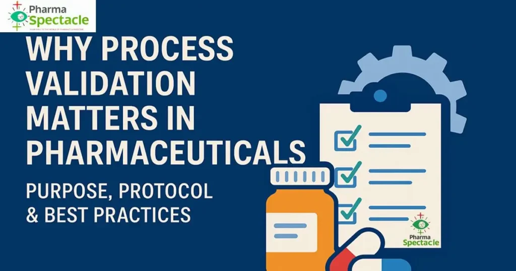 Process validation concept in pharmaceuticals with checklist, pill bottle, and gear icons