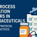 Process validation concept in pharmaceuticals with checklist, pill bottle, and gear icons