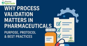 Process validation concept in pharmaceuticals with checklist, pill bottle, and gear icons