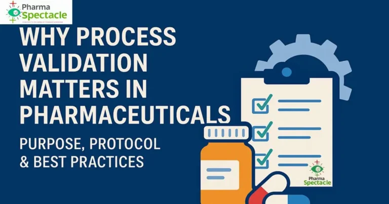 Process validation concept in pharmaceuticals with checklist, pill bottle, and gear icons