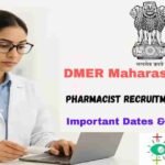A female pharmacist in a white lab coat and glasses working on a laptop, with text overlay about DMER Maharashtra State Pharmacist Recruitment Exam 2025, including important dates and instructions. Logos of the Government of India and PharmaSpectacle are visible.